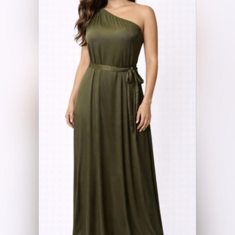 NEW. Nicole Miller Olive One-Shoulder Formal Maxi Dress With Side Slit